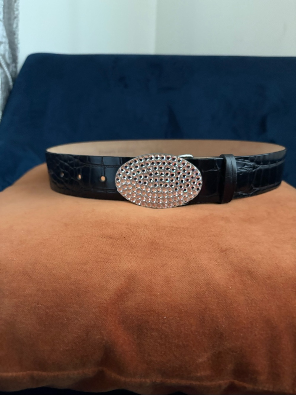 VTG 80s-90s Streets Ahead Black Croc-Embossed Belt with Crystal Oval Buckle M
